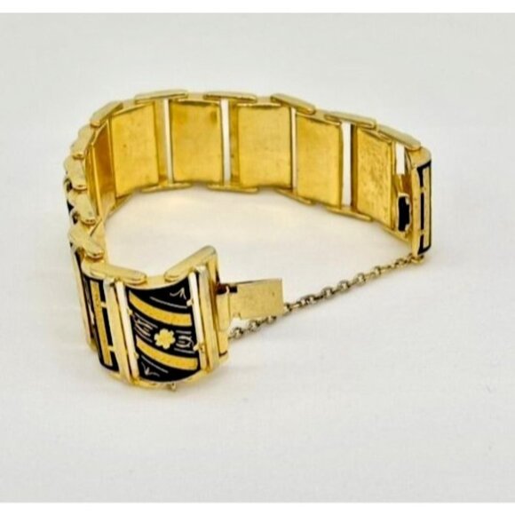 Vintage Damascene Links Bracelet Gold-Tone Metal with Etched Black Floral Motif~ - Picture 6 of 8